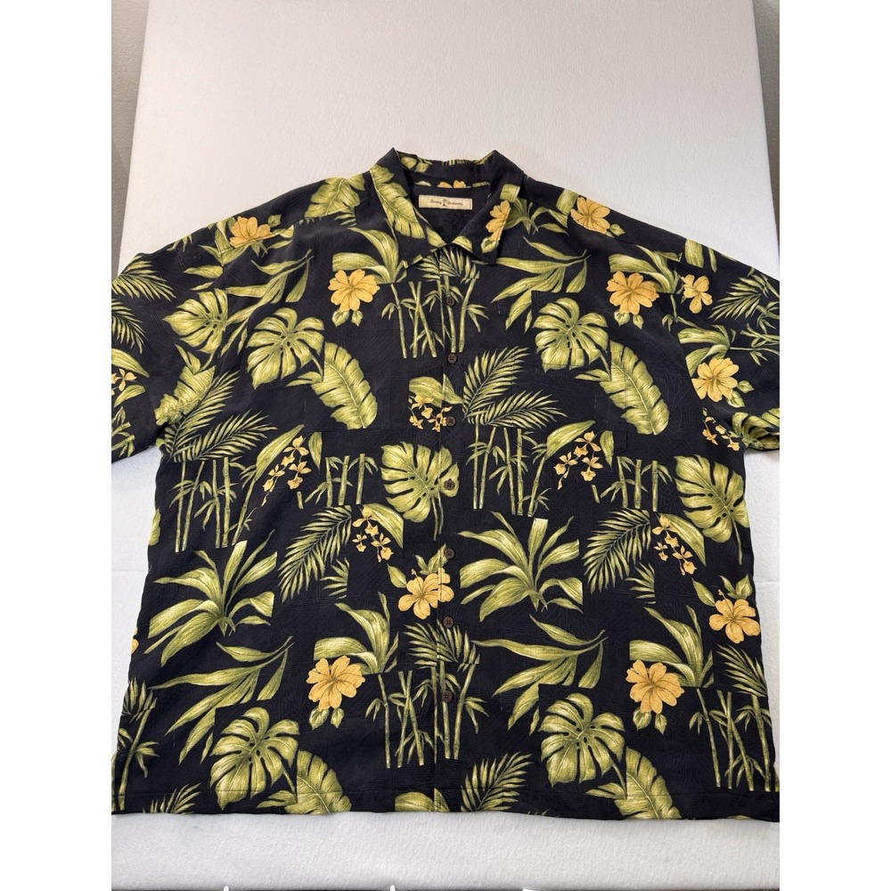 Tommy Bahama Mens Tropical Aloha Button Up Shirt 4XB Black Green Silk EUC